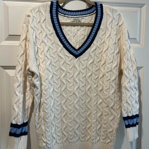 Women’s Cream Cable Knit Sweater with Blue Accents